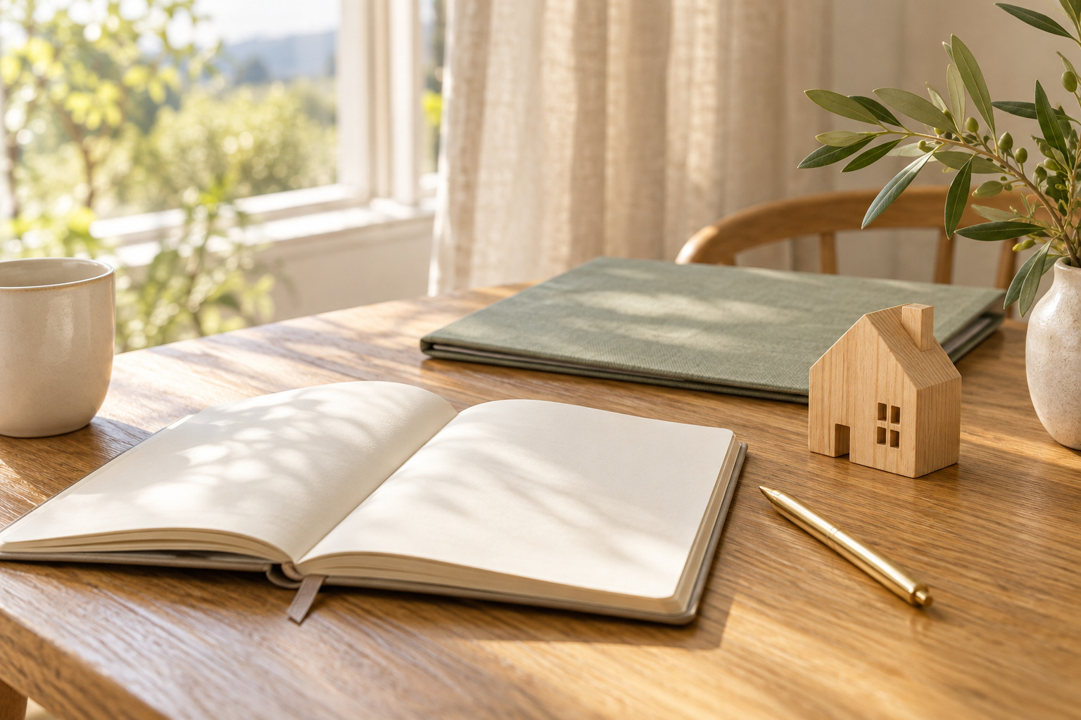 An open notebook, small wooden house, and sage folder on a sunlit oak table