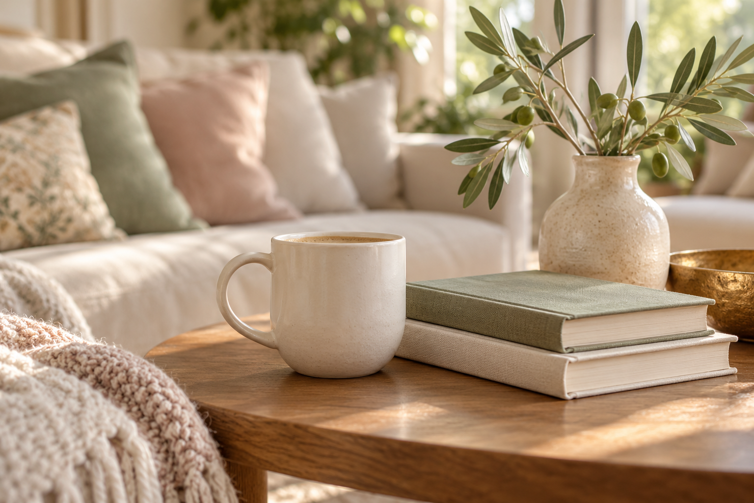 Ivory coffee mug, linen books, and olive greenery on an oak table